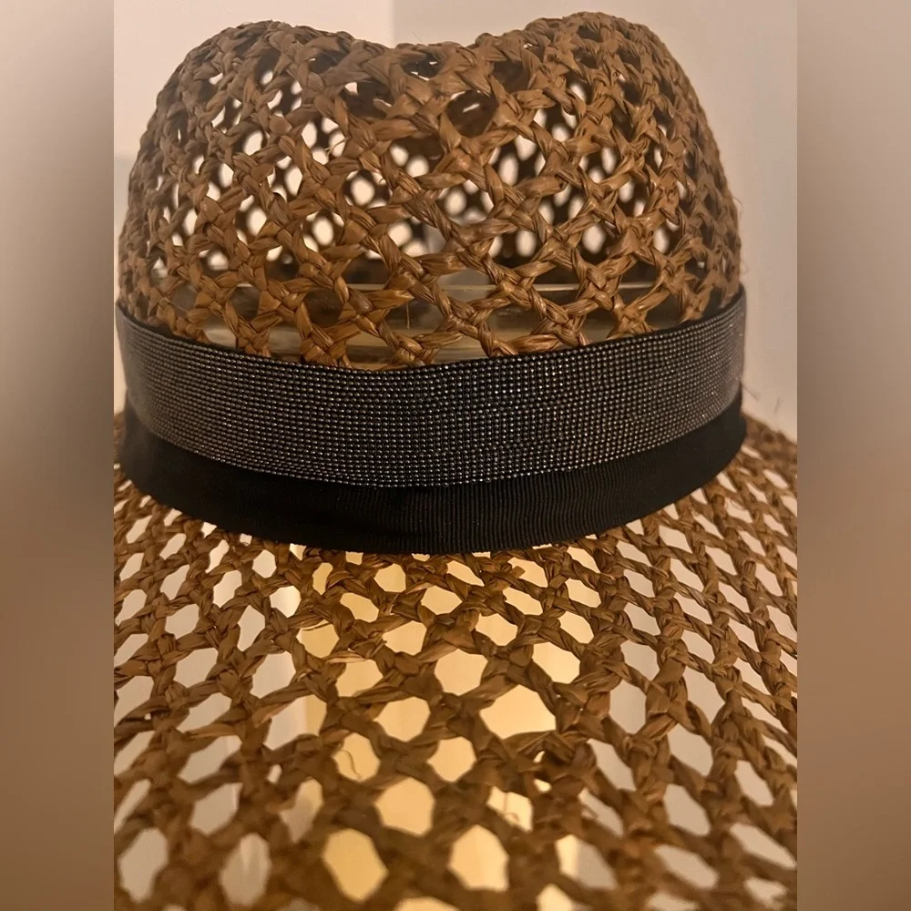 NWT Brunello Cucinelli Italy Size M Raffia women Hat Silver Monili Brown - Picture 4 of 13